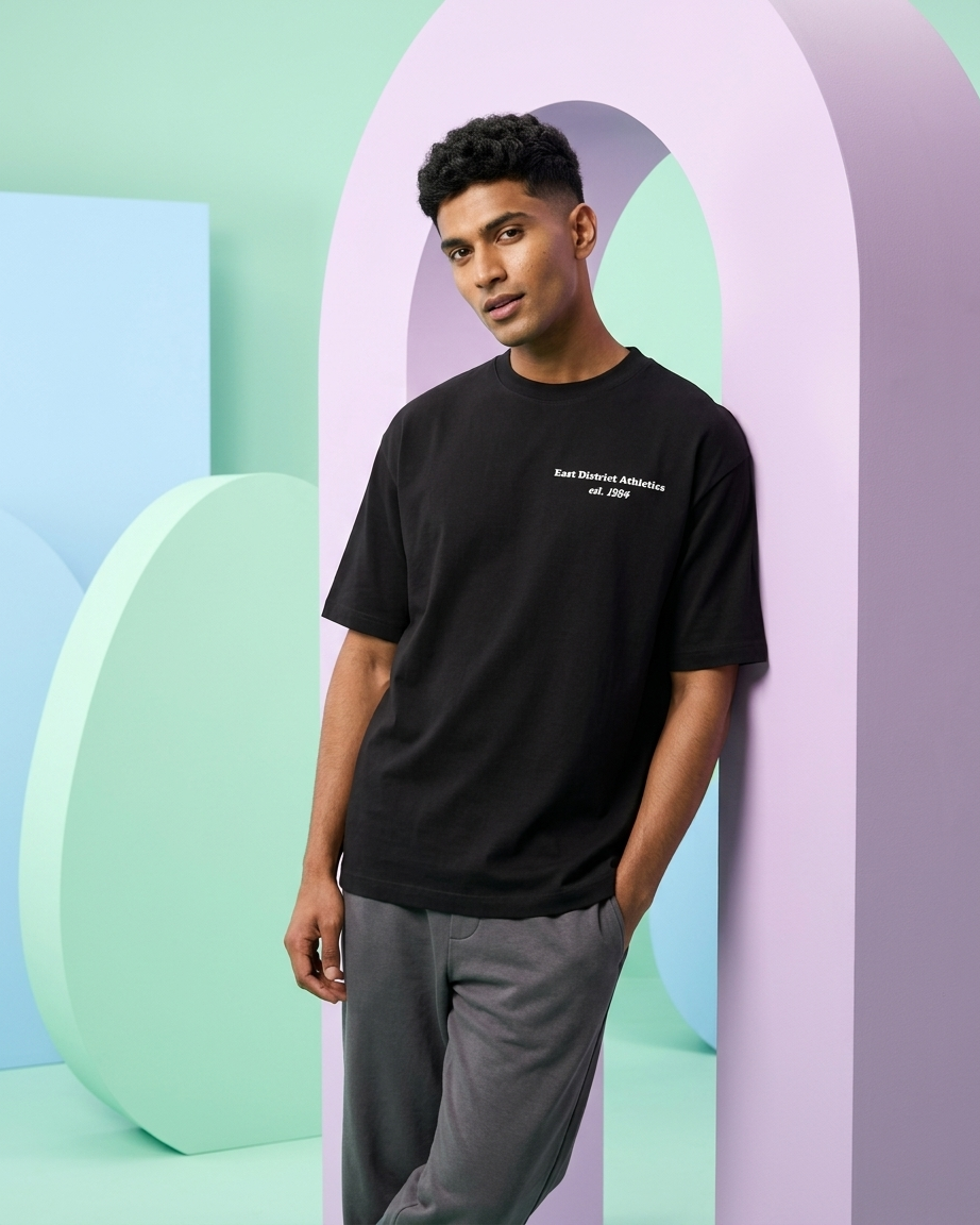 Men Oversized Minimal Printed T-Shirt – Premium Cotton Stretch Black Tee | Casual Streetwear T-Shirt for Men | Swasa