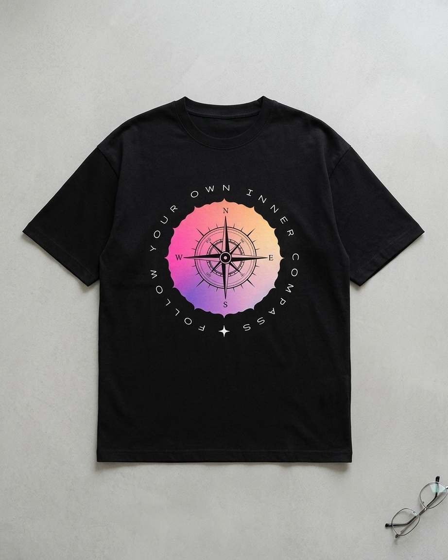 Minimal Compass Graphic T-Shirt for Men – Black Aesthetic Cotton Casual Tee | Stylish Streetwear T-Shirt for Men