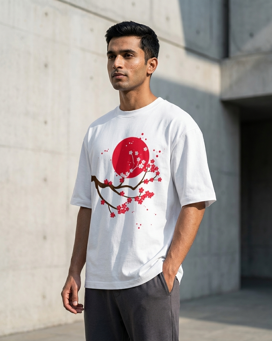 Japanese Cherry Blossom Aesthetic Oversized T-Shirt for Men & Women | 240 GSM Cotton Streetwear Tee India