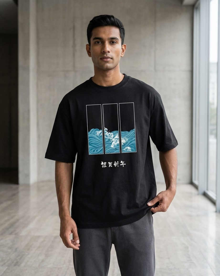 Japanese Wave Aesthetic Oversized T-Shirt (240 GSM Cotton) – Unisex Streetwear Graphic Tee